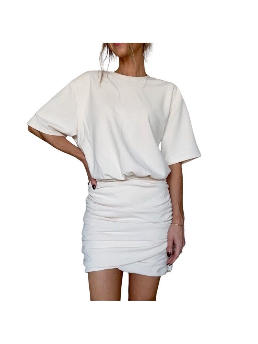 Abercrombie & Fitch Ruched Knit Short Sleeve Mini Dress in Cream